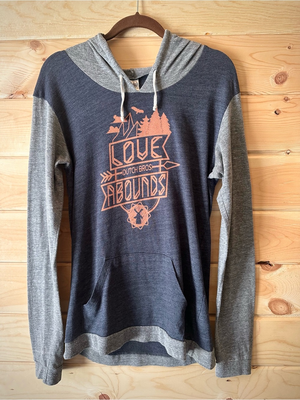Dutch Bros Coffee Love Abounds Raglan Jersey Knit Hoodie Blue Gray Size S